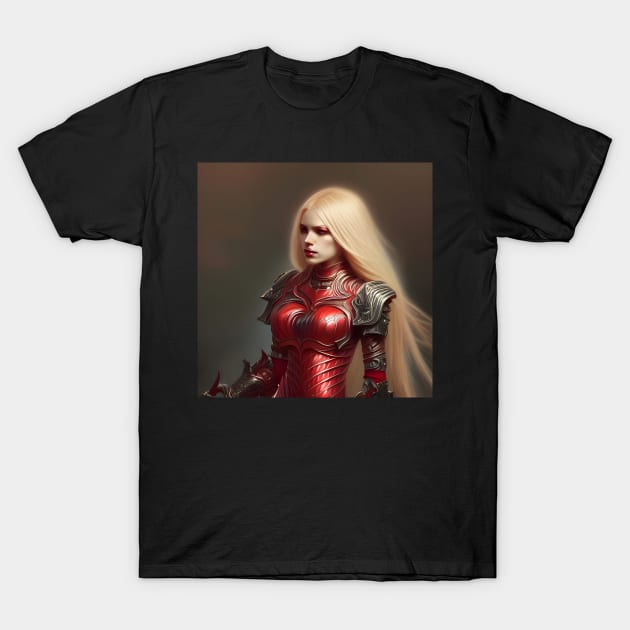 Sexy blonde fantasy vampire warrior red armor dark artwork T-Shirt by PrancingPeekees